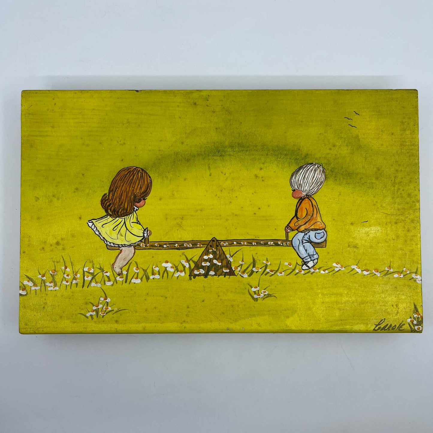 1970s Kitsch Wooden Block Painting Girl & Boy Seesaw Raised Paint 7x12 TG7