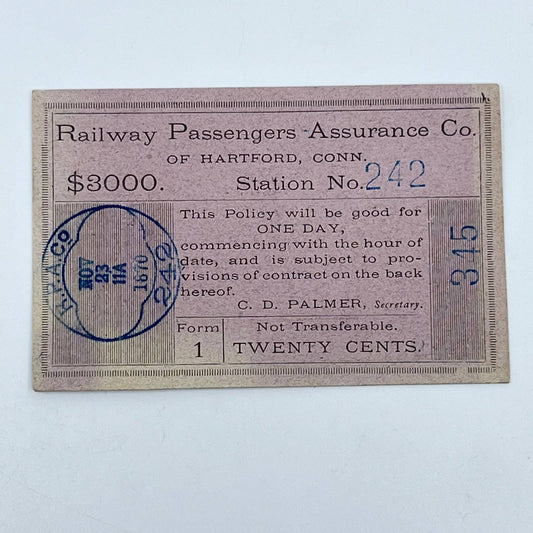 1870 Railway Passengers Insurance Co. Insurance Card Hartford CT Station 242 SC6