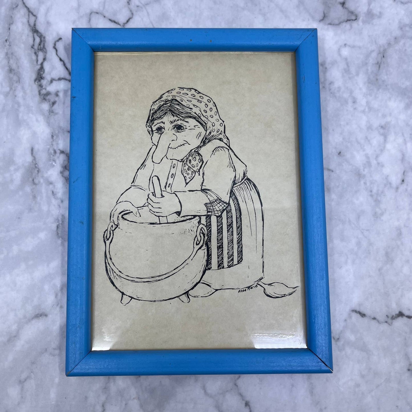Vintage Framed Sketch Long Nose Witch and Cauldron Anne Marie 5x7" TE3