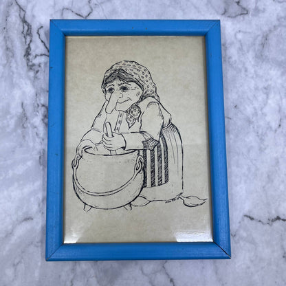 Vintage Framed Sketch Long Nose Witch and Cauldron Anne Marie 5x7" TE3