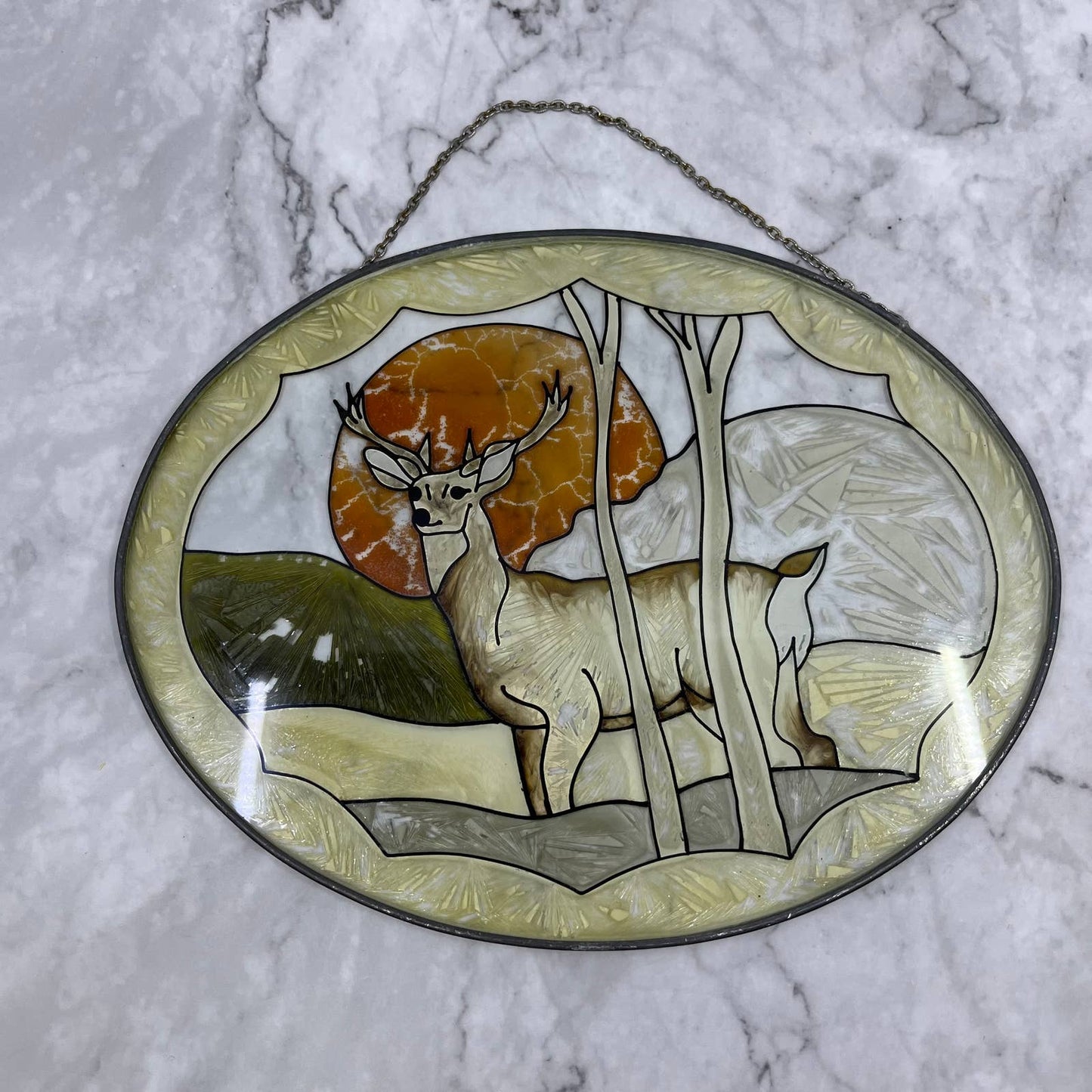 Vintage Buck Deer Stained Glass Sun Catcher 9.5x7.5 TA9