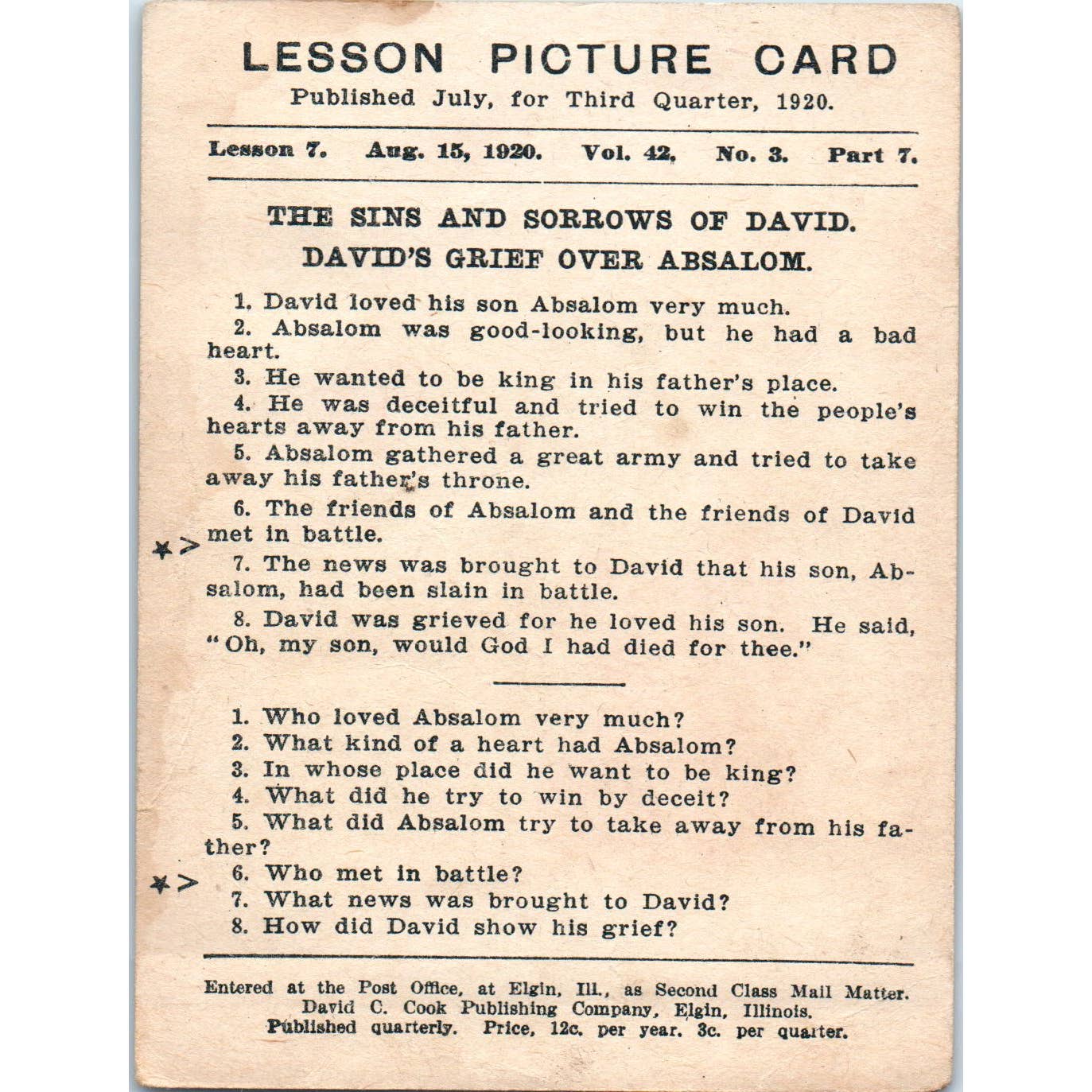 1920 Christian Lesson Picture Card The Sins and Sorrows of David SE5