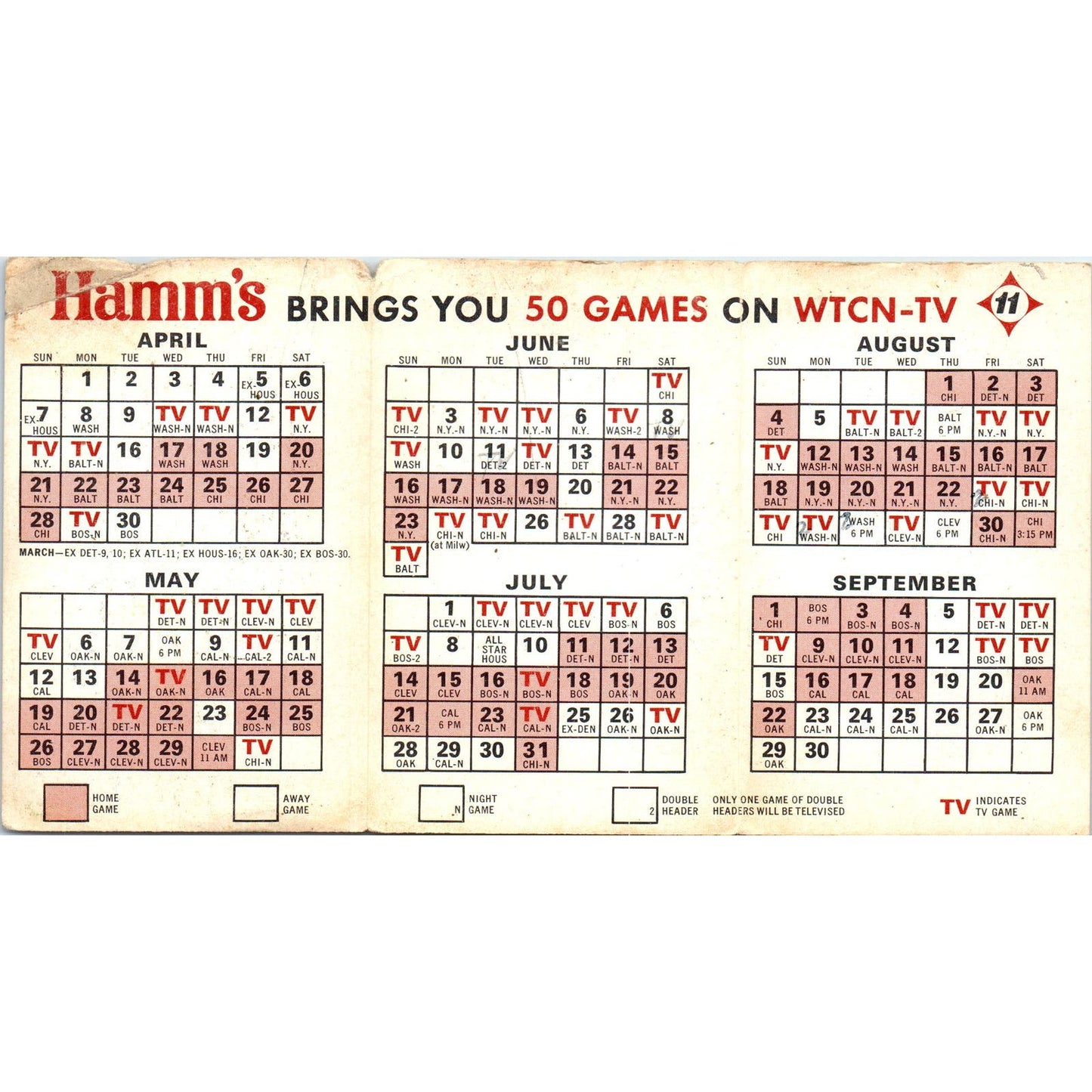 1968 Minnesota Twins Baseball Bear Hamms Pocket TV Schedule SB3