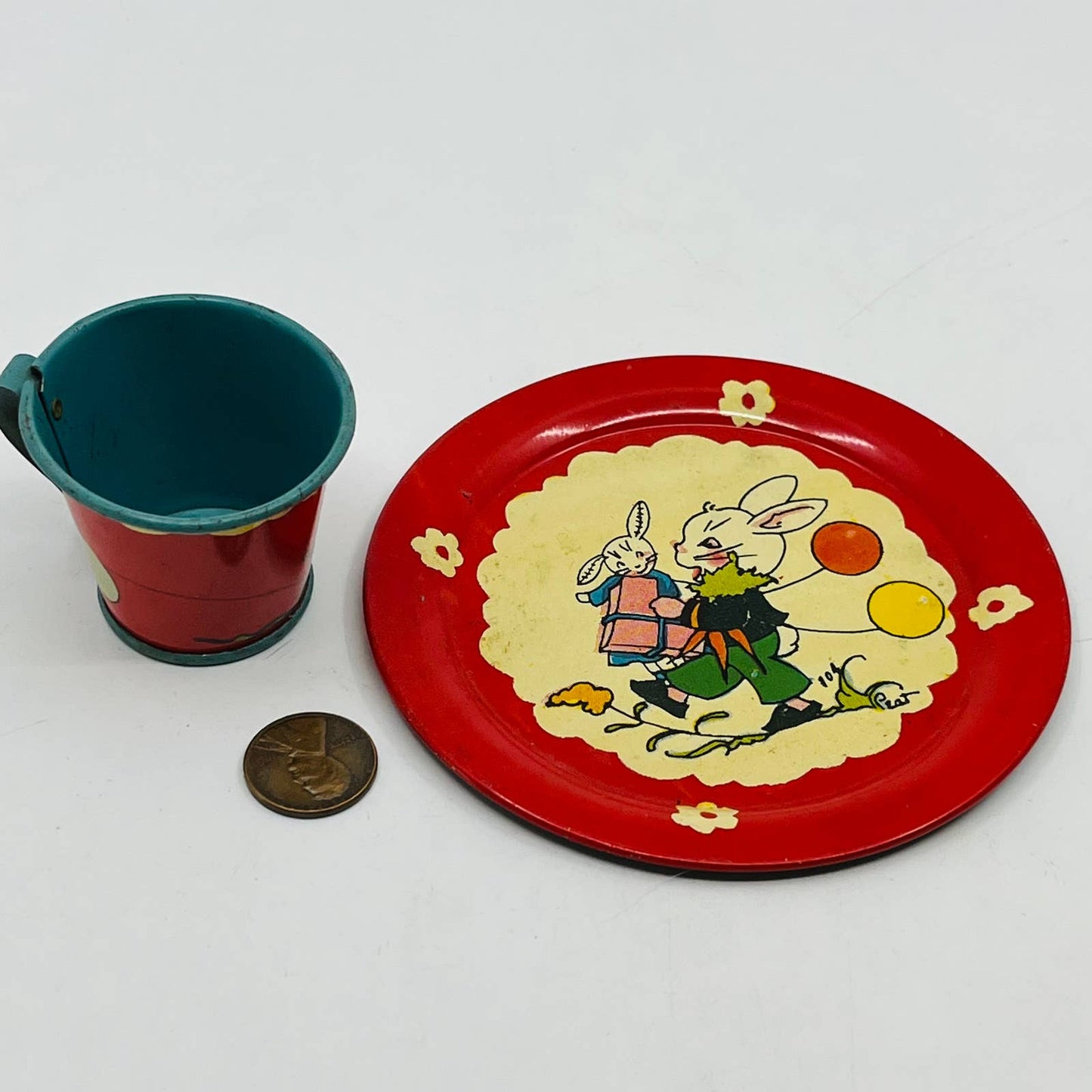 1930s Ohio Arts Tin Litho Bunny Rabbit Plate & Cup Fern Bisel Peat TB6