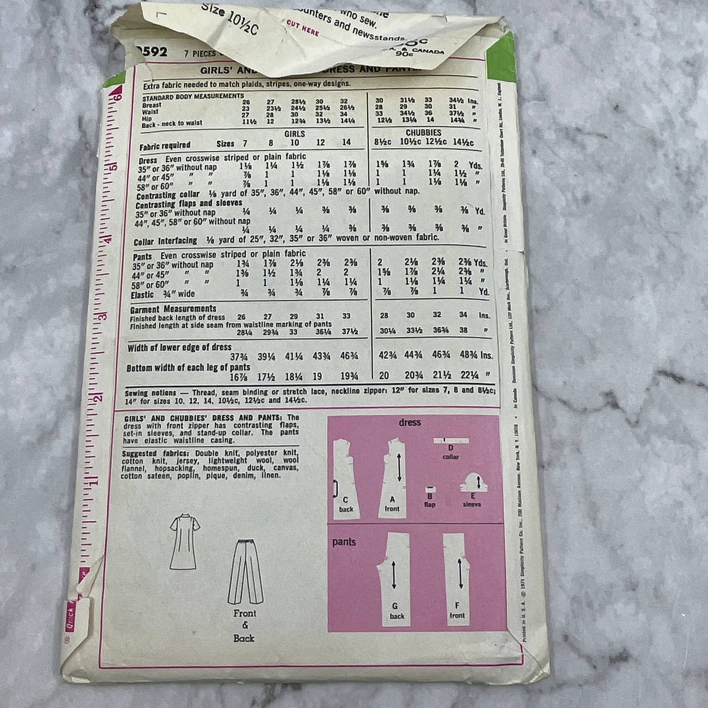 1971 Sewing Pattern Simplicity 10.5c Childs Skirt Jacket Shirt Pants 9592 TI7