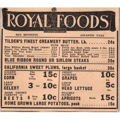 1935 Minneapolis Journal Newspaper Ad Royal Foods Hennepin Ave. FL5-5