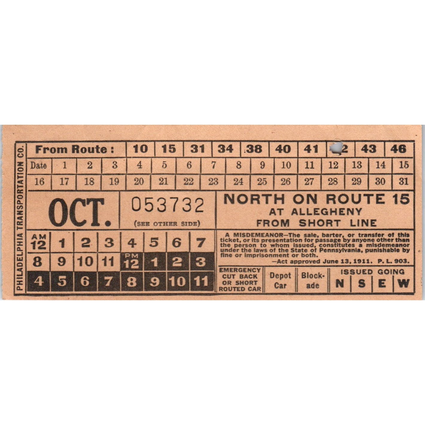 VTG Philadelphia Suburban Transport Streetcar Transfer Ticket Short Line AK3-M42