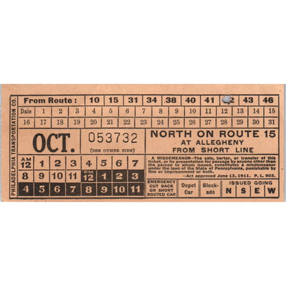VTG Philadelphia Suburban Transport Streetcar Transfer Ticket Short Line AK3-M42