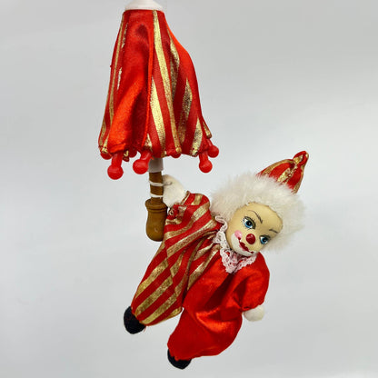 Vintage Harlequin Doll w/ Umbrella Porcelain Clown Face TE6