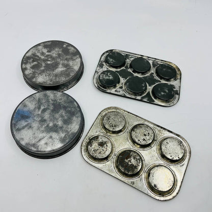 Vintage Toy Kitchen Metal 4 Piece Baking Set Muffin Tin Pie Pan TB6
