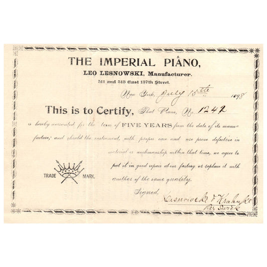 1898 The Imperial Piano Leo Lesnowski Warranty Card New York AC9