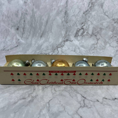 Shiny Brite Vintage Mercury Glass Ornaments Set of 5 in Box Silver Gold 2"