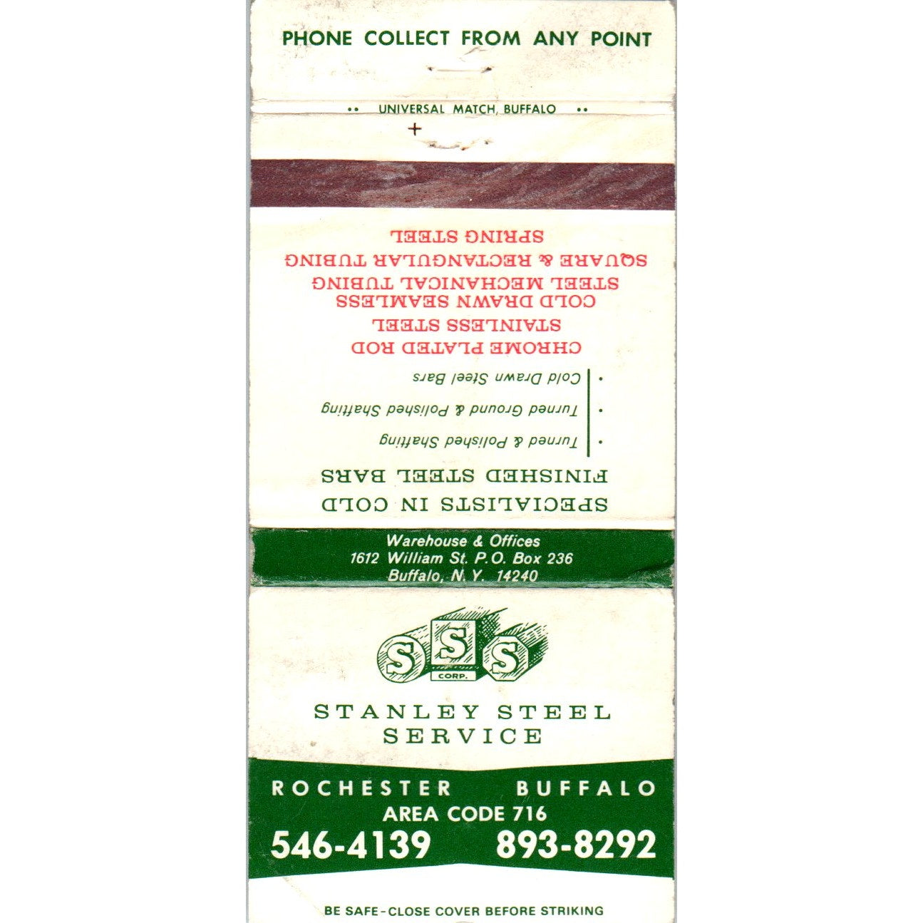 Stanley Steel Service Rochester Buffalo NY Advertising Matchbook Cover MM9-6