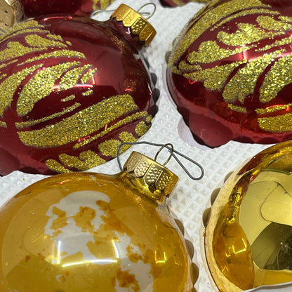 Visions by HOLLY 16 Vintage 2 5/8" Glass Ornaments Box Red Stencil Gold OT1