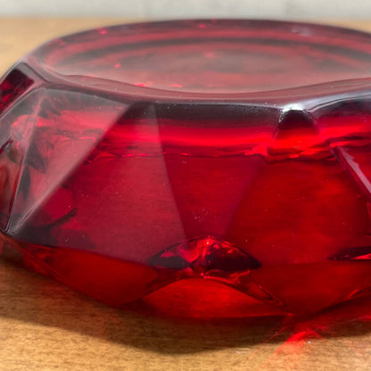 1967 MCM Ruby Red Diamond Cut Viking Art Glass Cigar Tray 6” Ashtray TB2