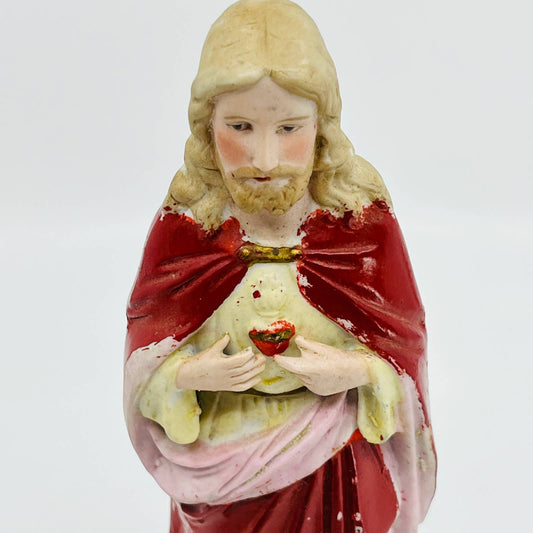 1940s Hand Painted Chalkware Statue Sacred Heart Of Jesus 9” Germany TC3