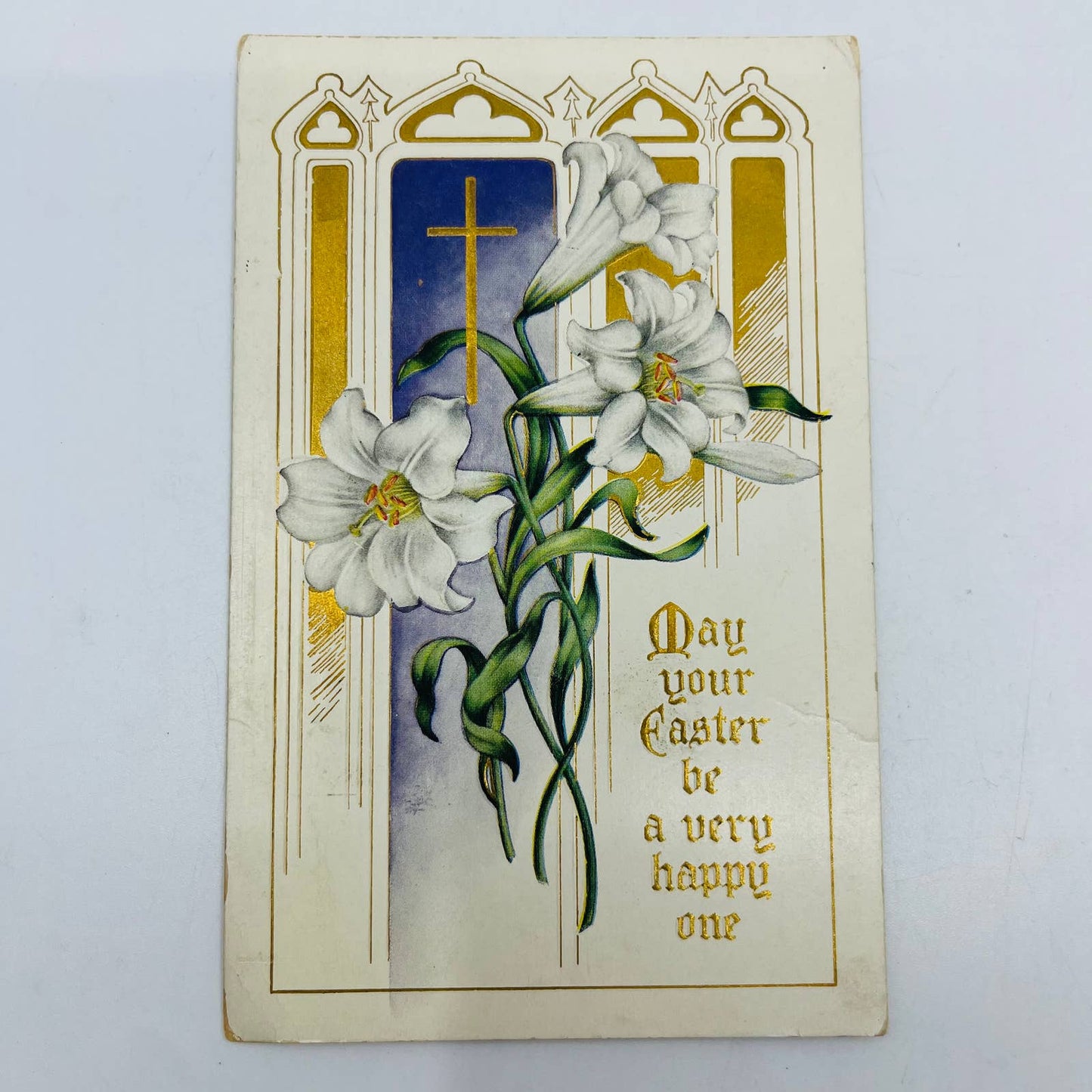 1910s Easter Post Card Embossed Cross Easter Lilies Dresden Whitney PA5