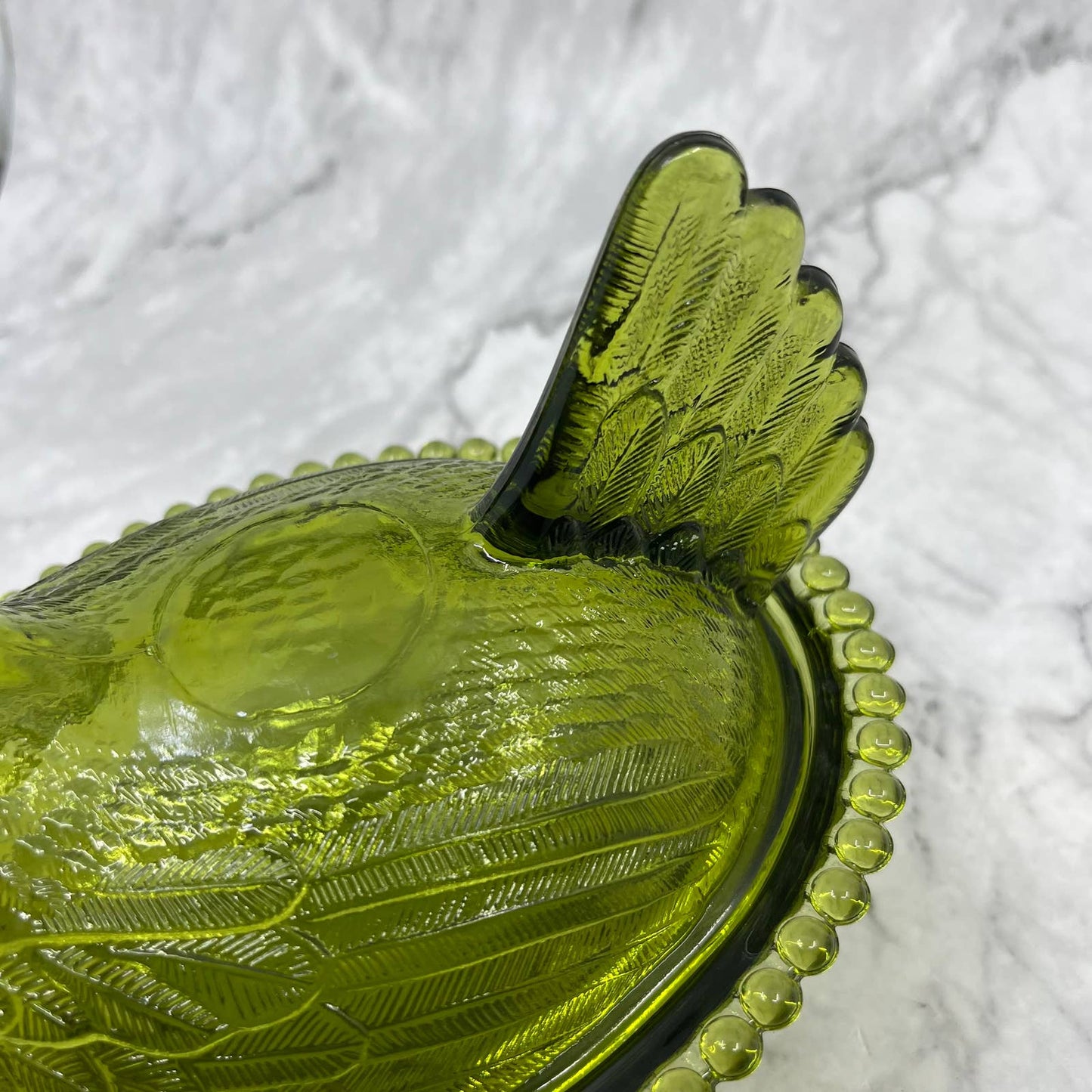 Vintage Nesting Hen Green Avocado Indiana Glass Hen on Nest Candy Dish ~7x5" TE2