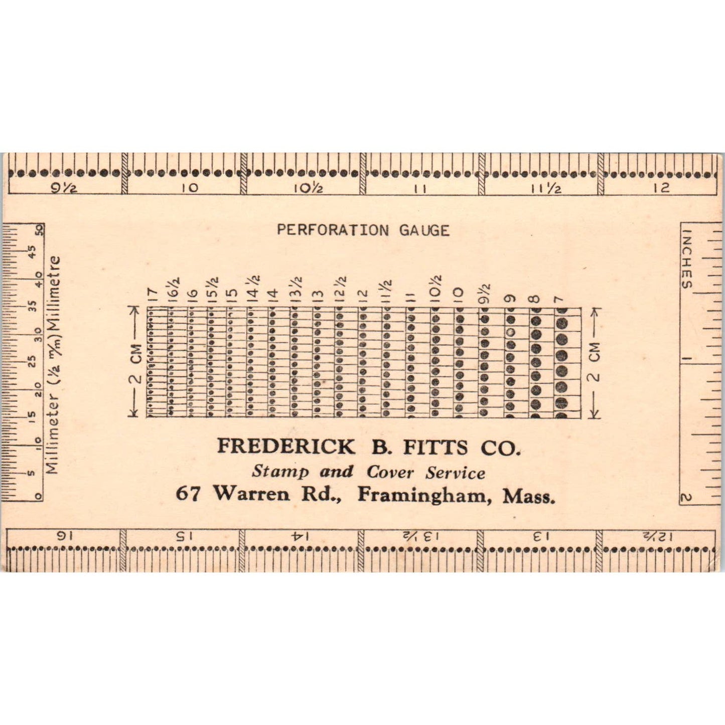 Vtg Trade Card Ruler Perforation Gauge Frederick B. Fitts Co. Framingham MA SE5