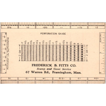 Vtg Trade Card Ruler Perforation Gauge Frederick B. Fitts Co. Framingham MA SE5