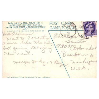 Vintage Postcard - Park Lane Motel Ontario Canada 1956 AD9