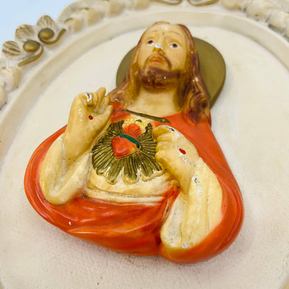 Vintage Immaculate Sacred Heart of Jesus Ornate Chalkware Wall Plaque 9x12 TC3
