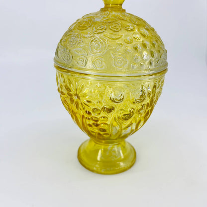 Vintage Avon Yellow Glass Embossed Flower Lidded Footed Compote Dish 6 1/2” TD3