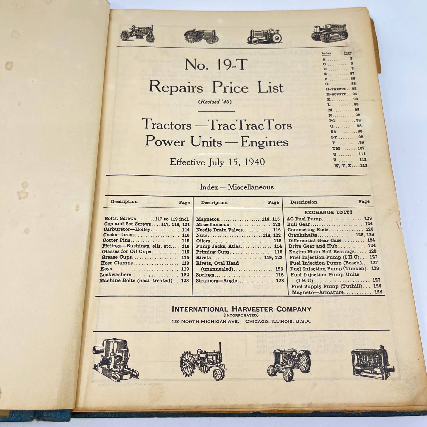 1940 International Harvester Parts Price List 19-T Tractors~Engines TF8