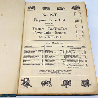 1940 International Harvester Parts Price List 19-T Tractors~Engines TF8