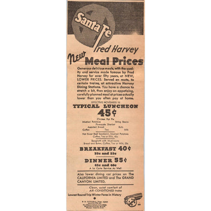 1935 Minneapolis Journal Newspaper Ad Santa Fe Railroad Fred Harvey Meals FL5-3