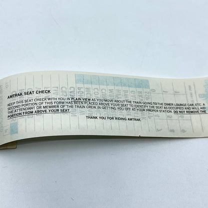 1982 Amtrak Seat Check Ticket Stub AB2
