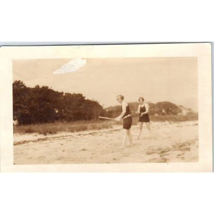 Vtg Original Photograph Girls Playing Baseball on the Beach 3.5x5.5 AD8-P6