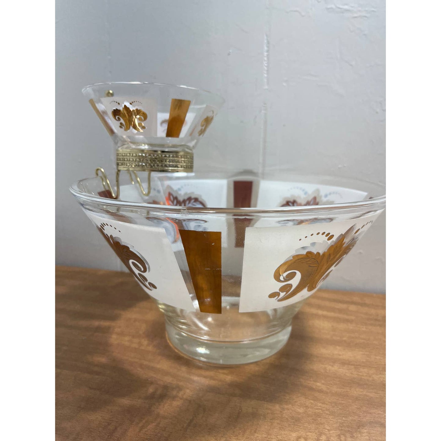 MCM Atomic 1963 CHIP & DIP BOWL SET Anchor Hocking 22k Fleur De Lis  10” TH1