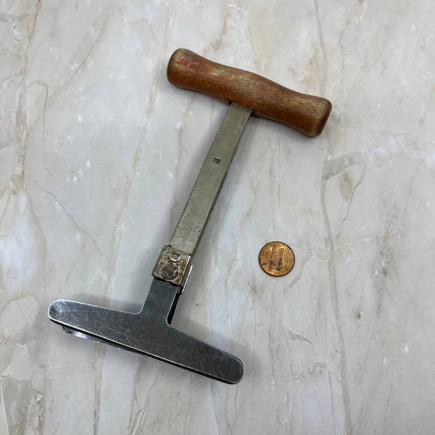 Vintage Red Wood Handled Foley Food Chopper Slicer 2 Blade TI7