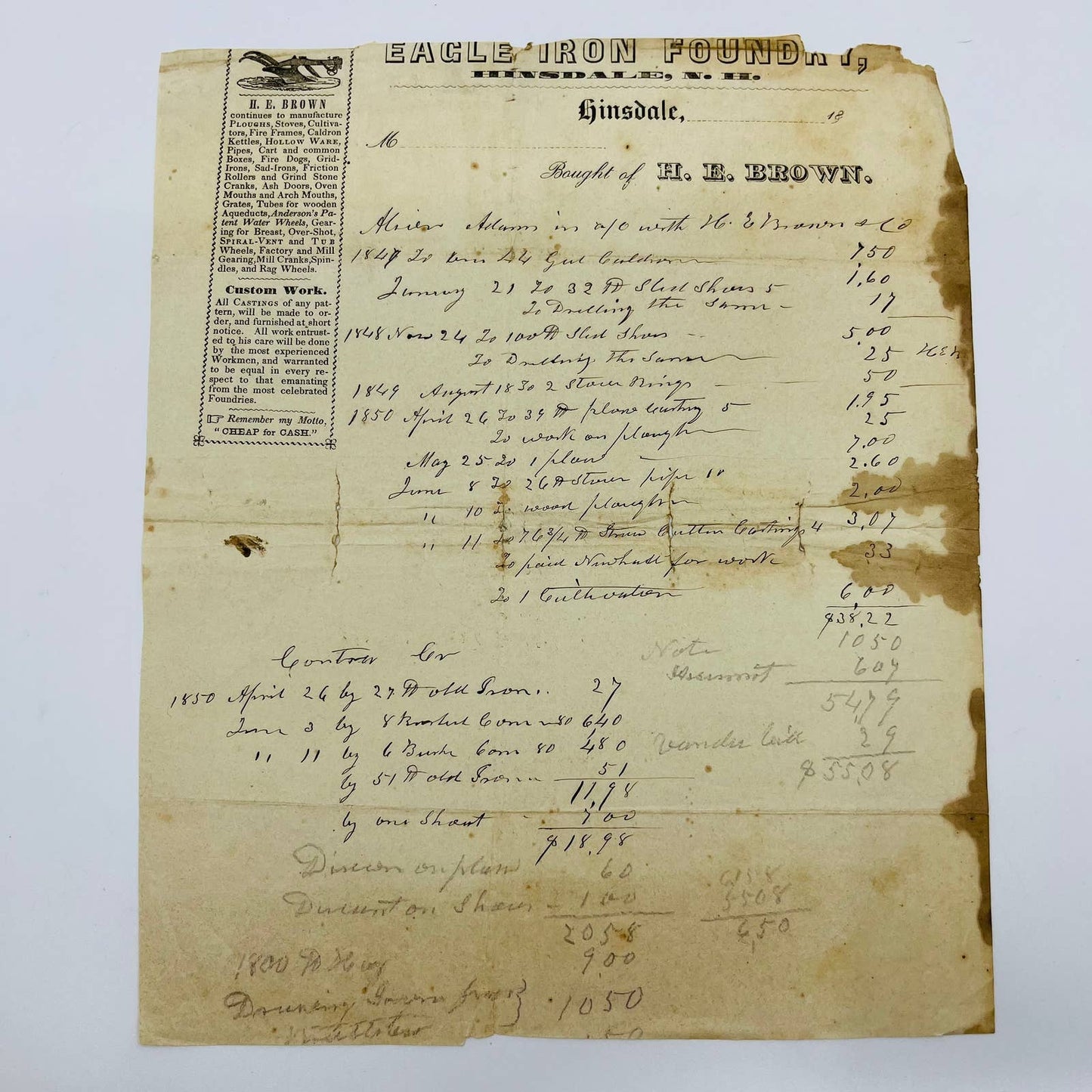 1850 Eagle Iron Foundry Hinsdale NH H.E. Brown Billhead Letterhead Receipt AA4