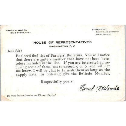 Frank P. Woods Representative 10th District Iowa Original Postcard TK1-P2