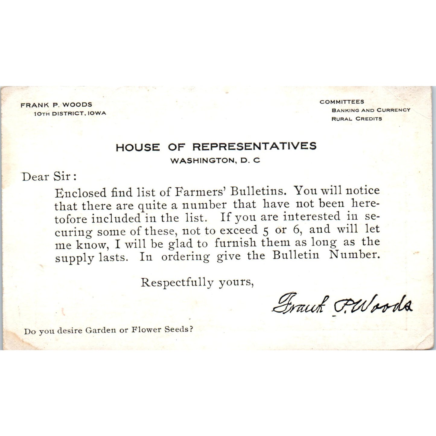 Frank P. Woods Representative 10th District Iowa Original Postcard P1-16