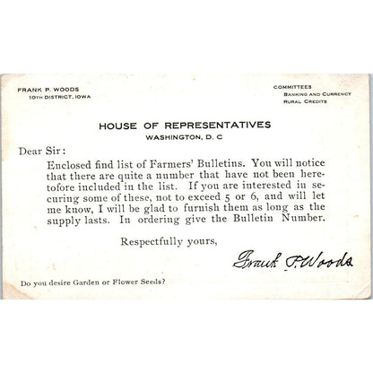 Frank P. Woods Representative 10th District Iowa Original Postcard P1-16