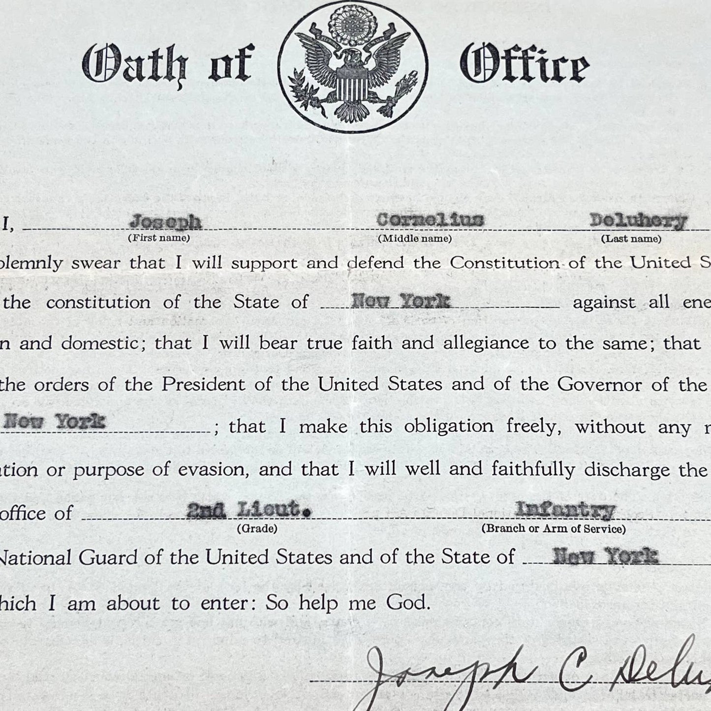 1932 Army National Guard Oath of Office Joseph Cornelius Deluhery Buffalo NY AA8