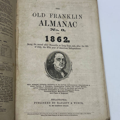 1862 Civil War The Old Franklin Almanac for 1862 A. Winch Philadelphia No. 3 TG6