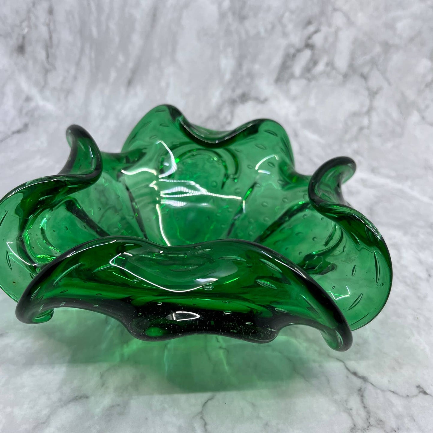 Vintage Emerald Green Swirly Murano Art Glass Bowl Heavy Glass 7" TA2