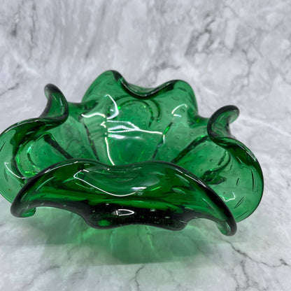 Vintage Emerald Green Swirly Murano Art Glass Bowl Heavy Glass 7" TA2