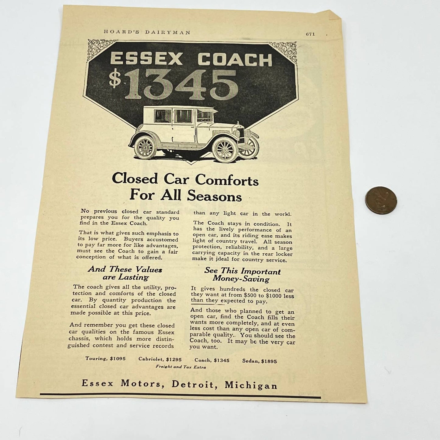 c1920 Essex Coach Motor Car Automobile Ad Detroit MI AA8