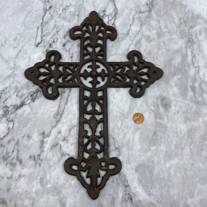 Vintage Heavy Cast Iron Victorian Fleur De Lis Wall Cross Rustic TJ6