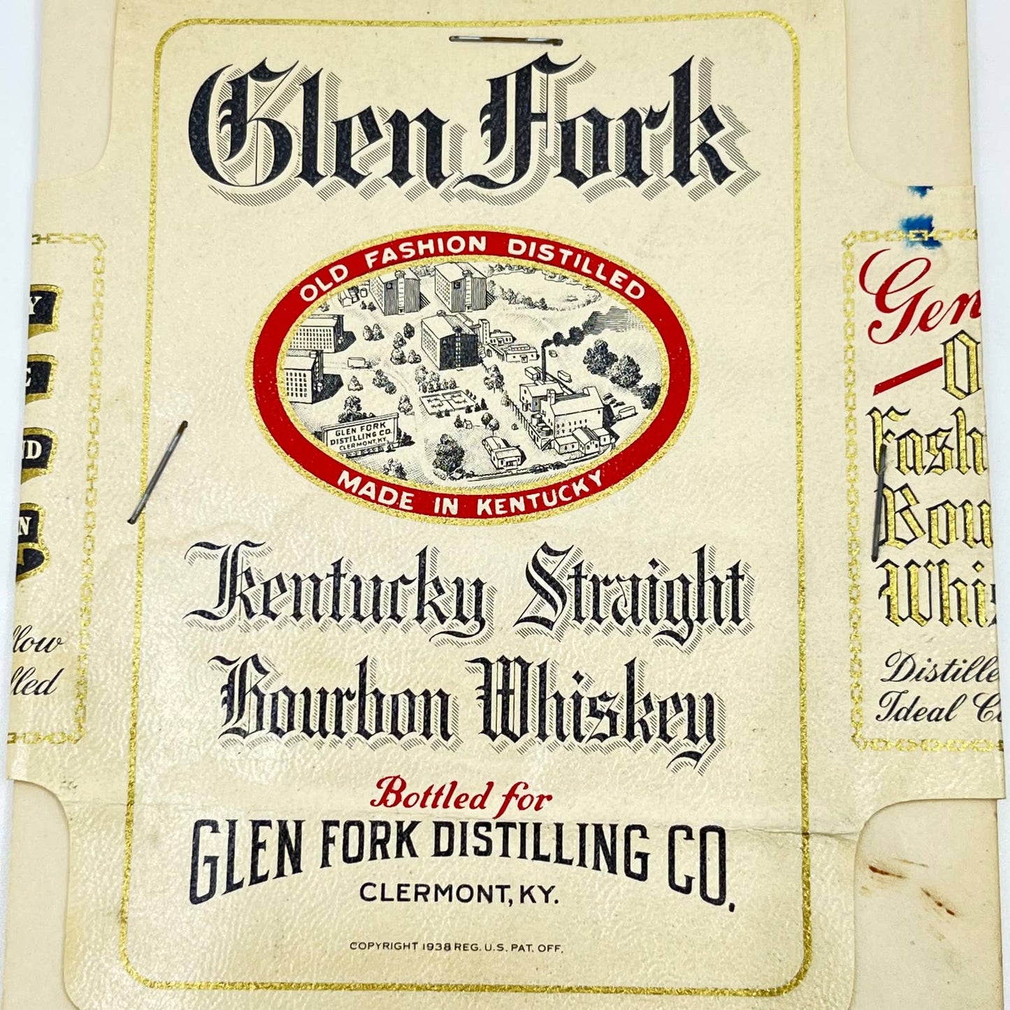 1938 Glen Fork Bourbon Whiskey Label Glen Fork Distilling Co. Clermont KY