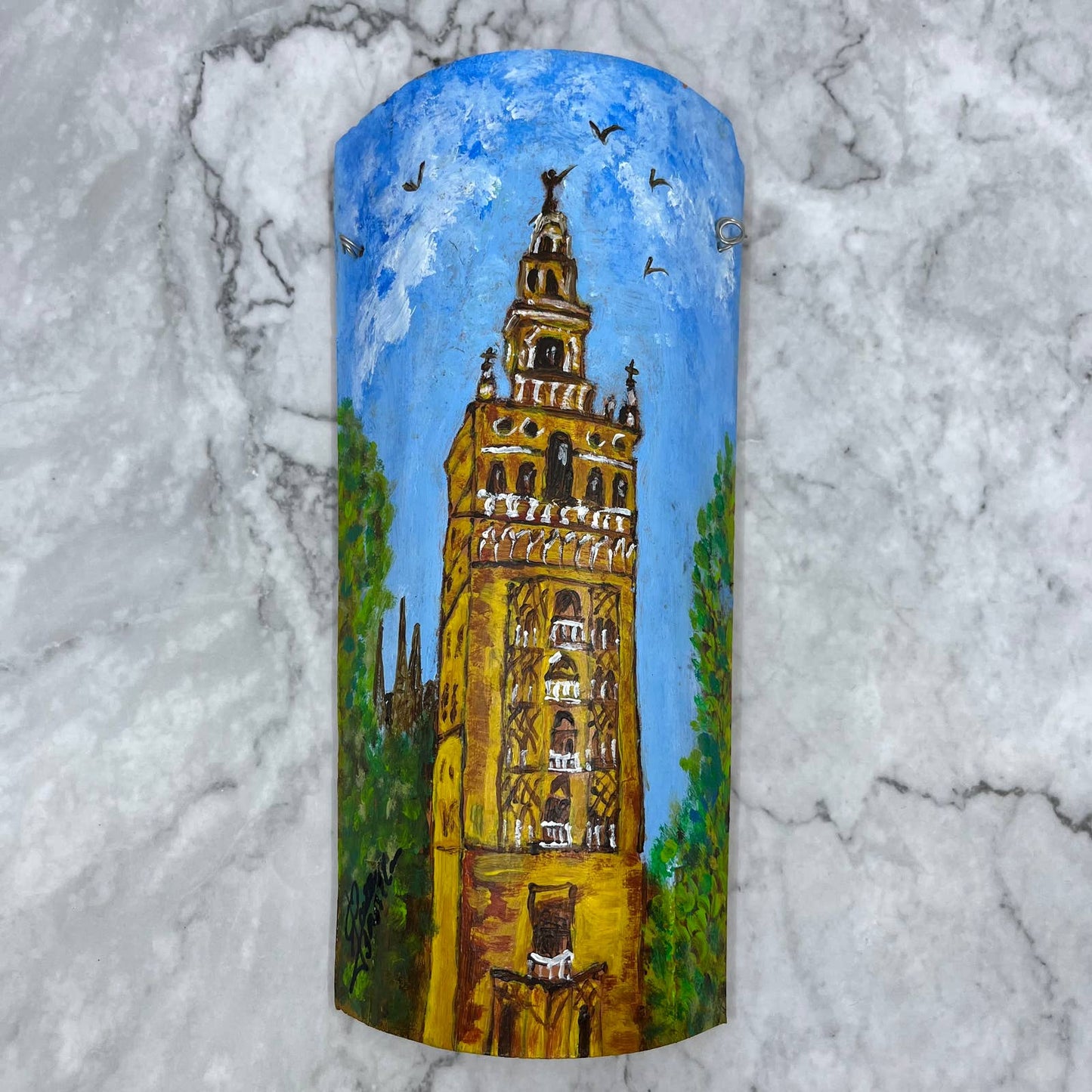 Original Art Painting On Terracotta Roof Tile Seville Spain 4.5x10 TA9