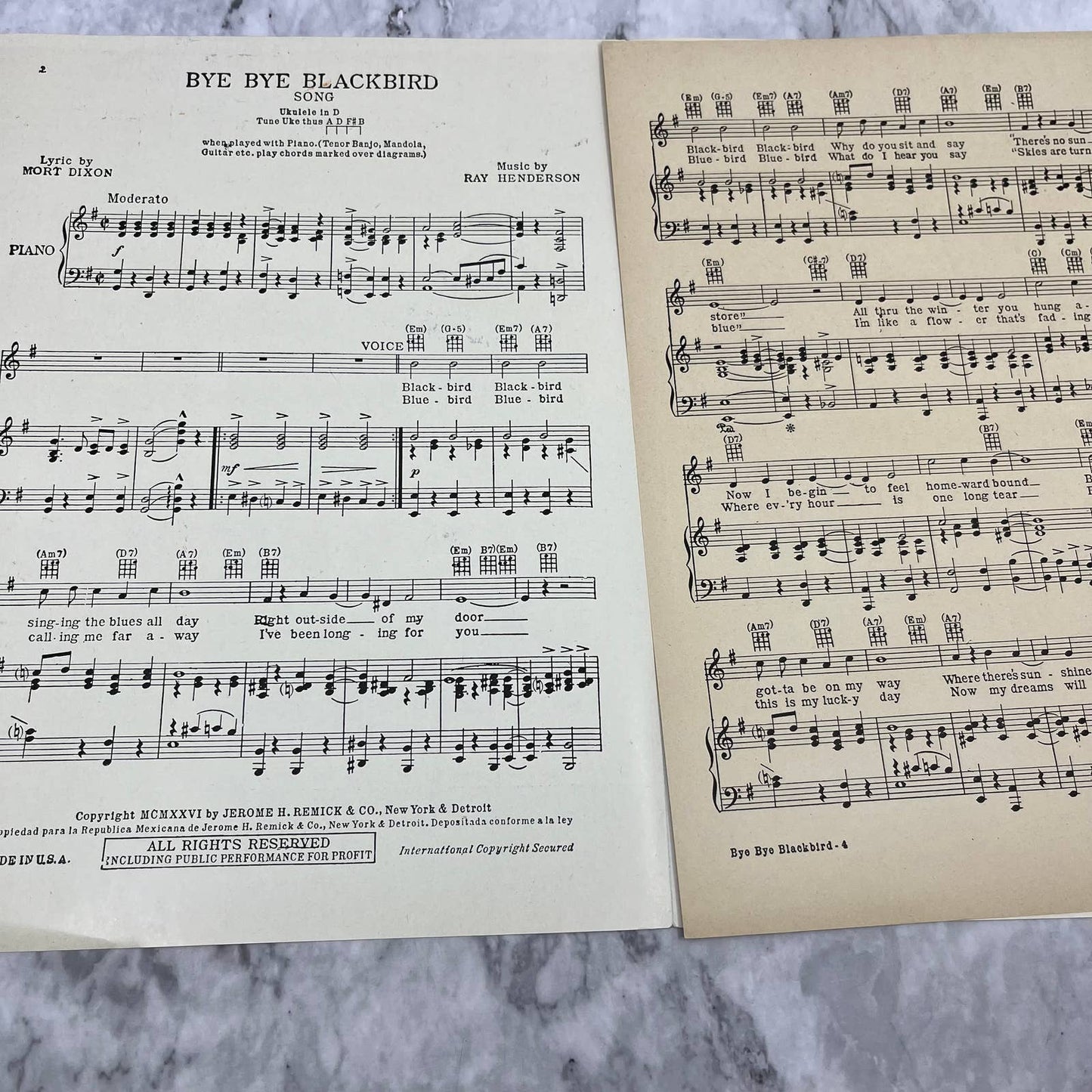 Bye Bye Blackbird, Al Short, Lyrics by Mort Dixon, 1926 Vintage Sheet Music TH5