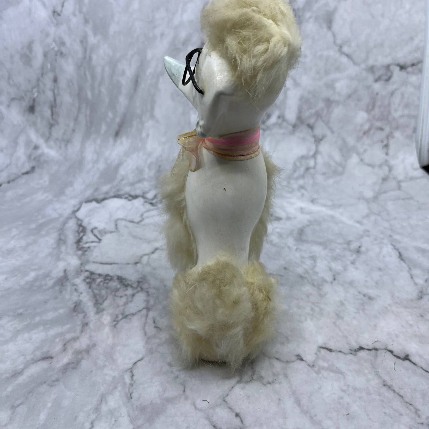 1950s MCM White Poodle Dog Figurine - Blue Glasses and Fur, Japan 4x7 TJ2