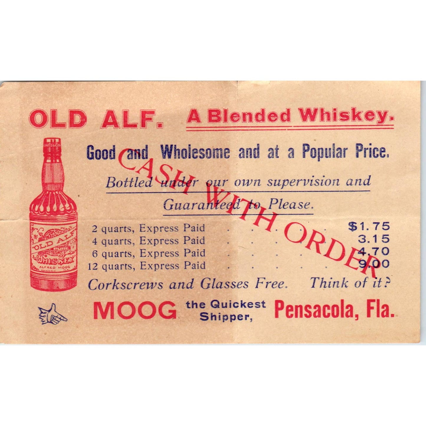 c1900 Advertising Leaflet Old Alf. Blended Whiskey Alfred Moog Pensacola FL AD6