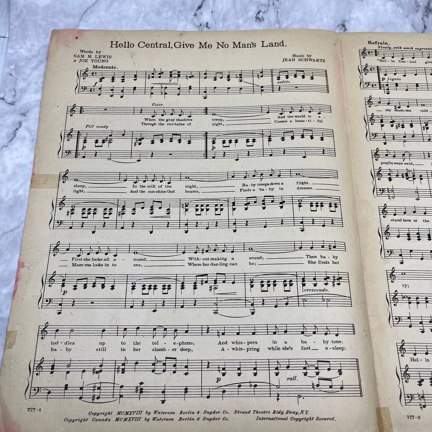 1918 Sheet Music HELLO CENTRAL GIVE ME NO MAN'S LAND WWI Al Jolson TH1